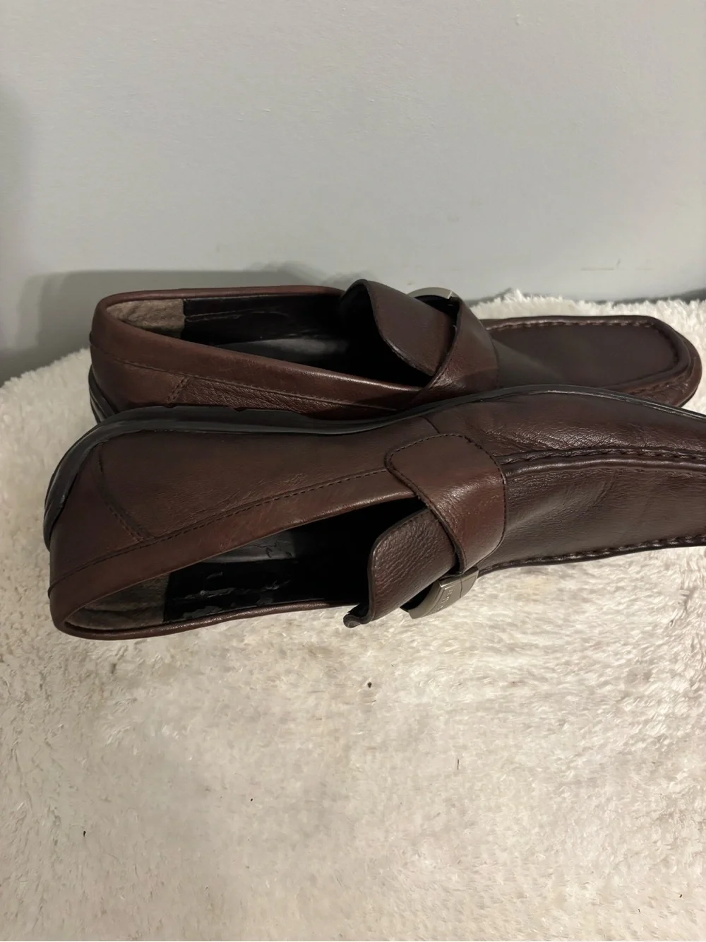 Calvin Klein Men's Dark Brown Leather Slip-Ons with Silver Logo Accent